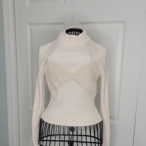 LUSH Elegant Cream Ribbed Mockneck Cropped Sweater Size XS